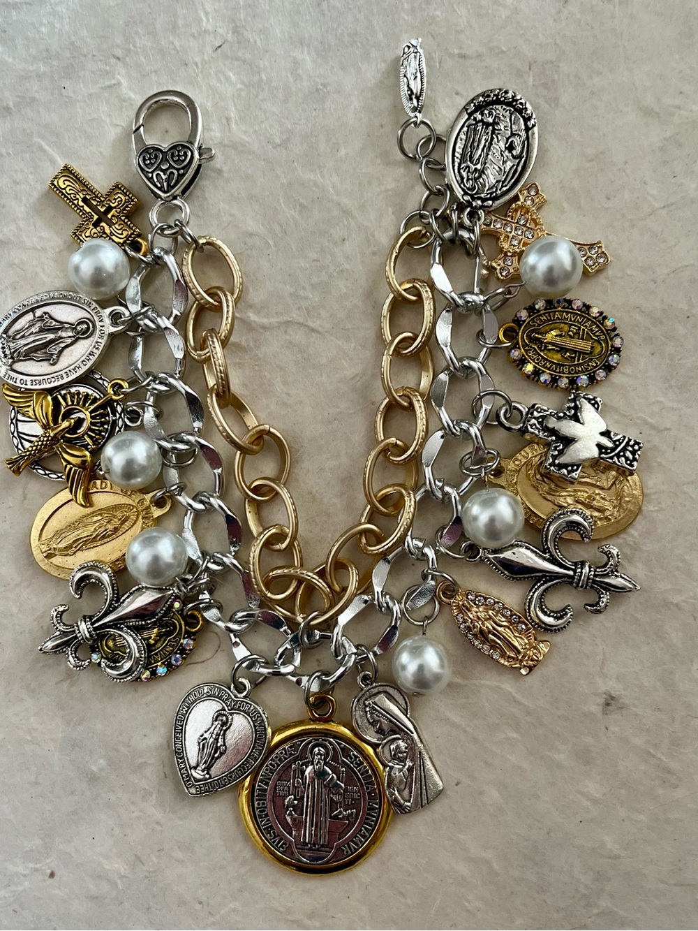 Catholic Saints and Crosses Charm Bracelet: St. Benedict, Silver and gold